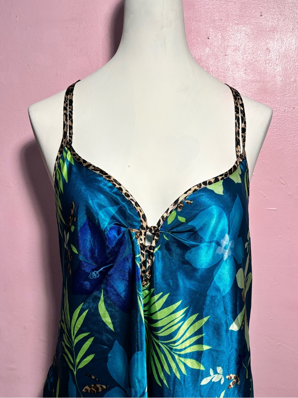 Secret Treasures Teal and Lime Satin Slip with Leopard Trim
